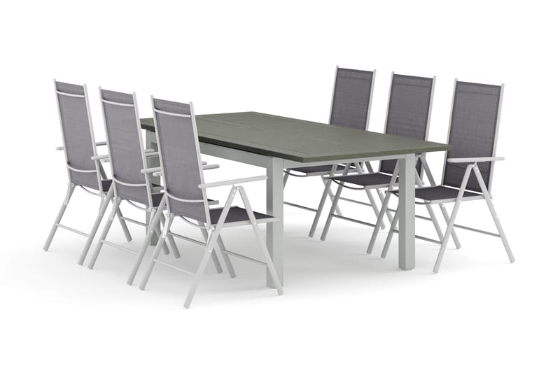 Monaco utomhus matgrupp förlängningsbart 150-250x90 med 6 Maggie positionsstolar, Vit/Grå