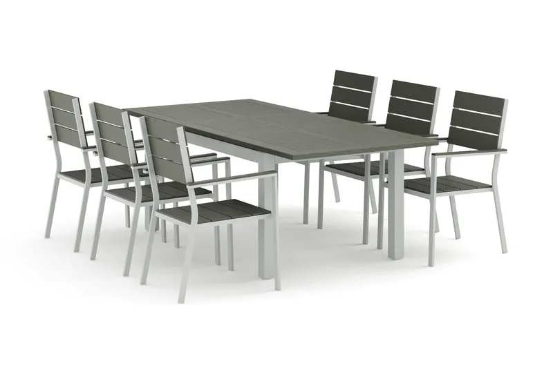 Monaco utomhus matgrupp förlängningsbart 150-250x90 med 6 Tunis stapelstolar, Vit/Grå