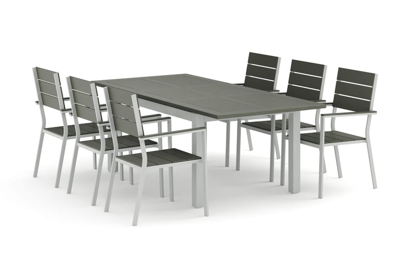 Monaco utomhus matgrupp förlängningsbart 150-250x90 med 6 Tunis stapelstolar, Vit/Grå