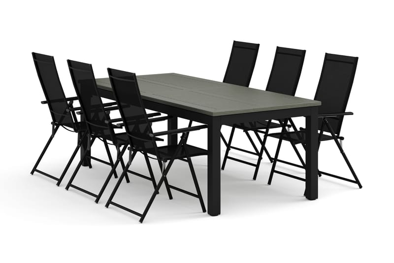 Monaco utomhus matgrupp förlängningsbart 210/310x90 med 6 Sanna positionsstolar, Svart/Grå