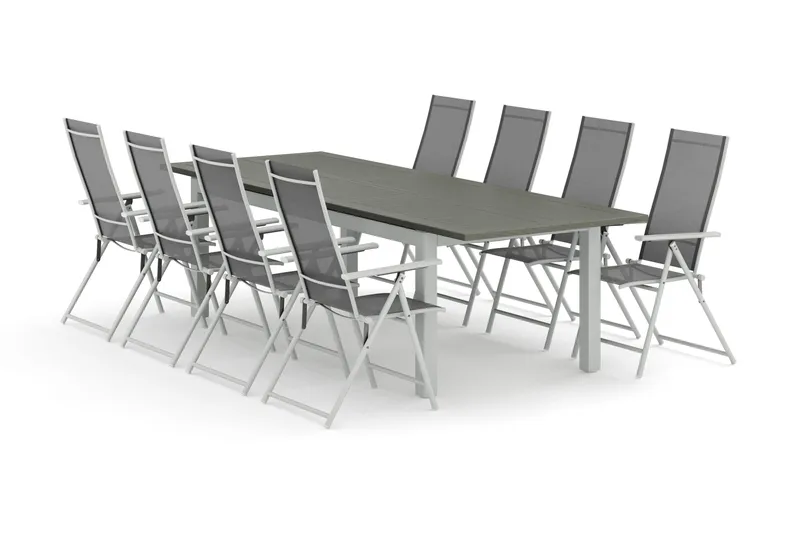 Monaco utomhus matgrupp förlängningsbart 210/310x90 med 8 Sanna positionsstolar, Vit/Grå