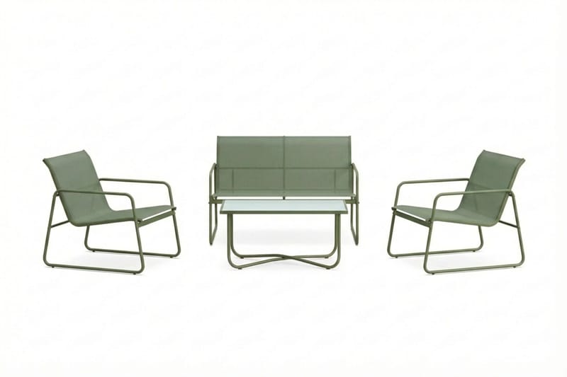 Pelanda Loungegrupp  - Soffa och 2 fåtöljer i stål soffbord med frostad glasskiva, Grön