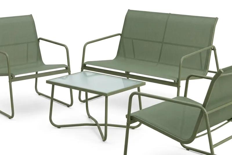 Pelanda Loungegrupp  - Soffa och 2 fåtöljer i stål soffbord med frostad glasskiva - Grön - Utemöbler & utemiljö - Utegrupp - Soffgrupp utomhus