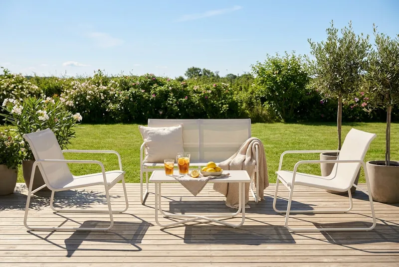 Pelanda Loungegrupp  - Soffa och 2 fåtöljer i stål soffbord med frostad glasskiva - Ljusbeige - Utemöbler & utemiljö - Utegrupp - Soffgrupp utomhus