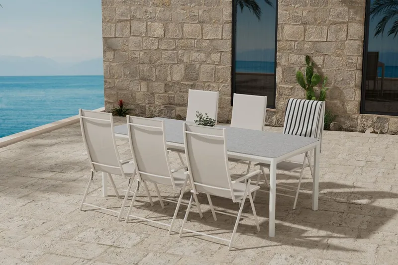 Rektangulärt Matbord Lino 220 cm Utomhus med 6 Levanzo Karmstol