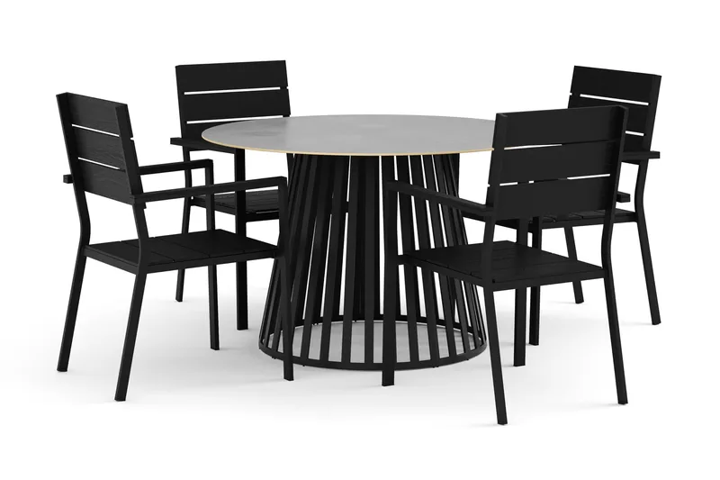 Sensi utomhus matgrupp 120 cm med 4 Tunis stapelstolar, Svart