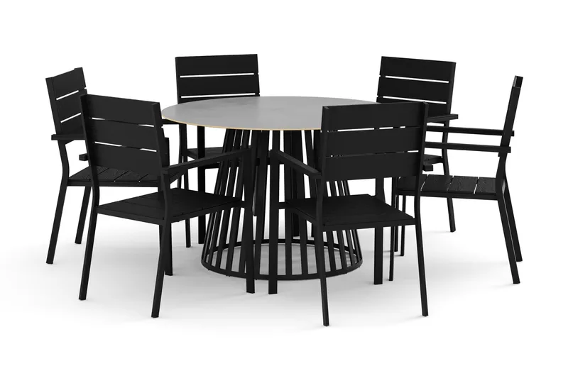Sensi utomhus matgrupp 120 cm med 6 Tunis stapelstolar, Svart