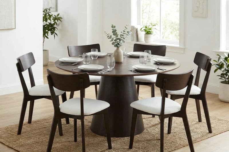 Siena Matgrupp 150 cm runt i Rökt Ek med 6 Amelia Matstolar med Dyna - Rökt Ek/Beige - Utemöbler & utemiljö - Utegrupp - Matgrupp utomhus