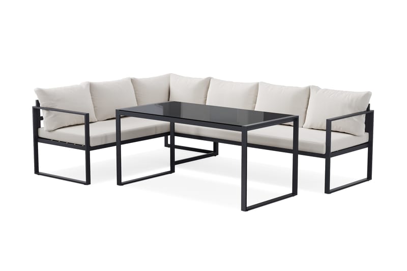 Silvia Loungegrupp i metall utomhus med soffbord med glasskiva och soffa med vita dynor - Svart - Utemöbler & utemiljö - Utegrupp - Soffgrupp utomhus