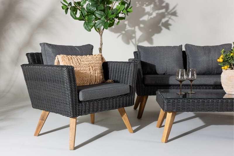 Karlskrona Loungegrupp Utomhus – 4-sits Soffgrupp i Konstrotting för Trädgård och Uteplats - Svart / Gråa dynor - Utemöbler & utemiljö - Loungemöbler - Loungeset & loungegrupp