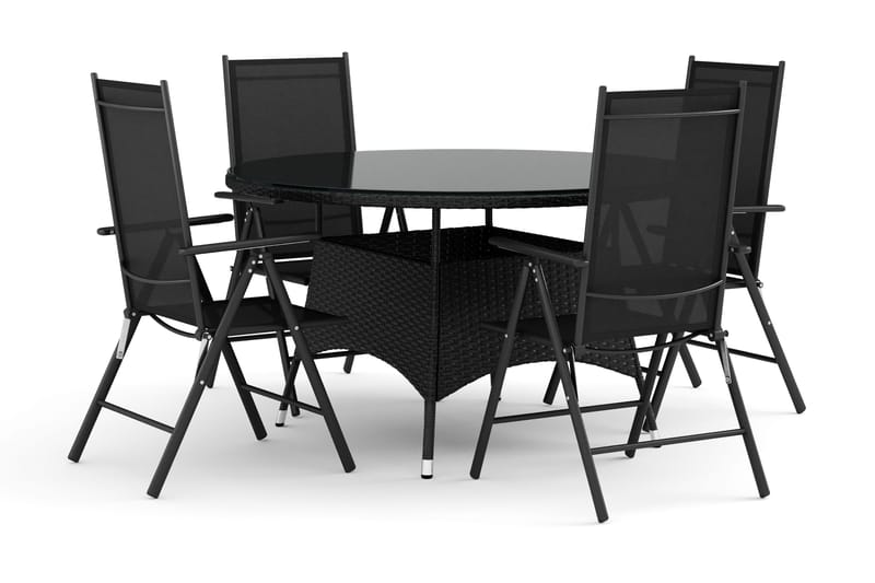 Thor utomhus rund matgrupp 140 cm med 4 Maggie positionsstolar, Svart