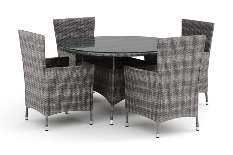 Thor utomhus rund matgrupp 140 cm med 4 Thor utefåtöljer, Grå