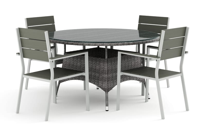 Thor utomhus rund matgrupp 140 cm med 4 Tunis stapelstolar, Grå