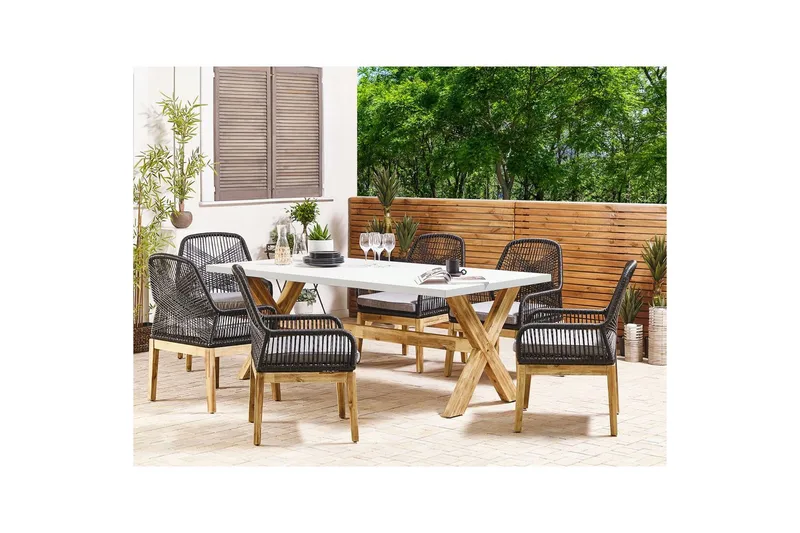 Trädgårdsmöbelset Olbia 6-sits Krämvit/svart/ljust trä - Krämvit/svart/ljust trä - Utemöbler & utemiljö - Utegrupp - Matgrupp utomhus