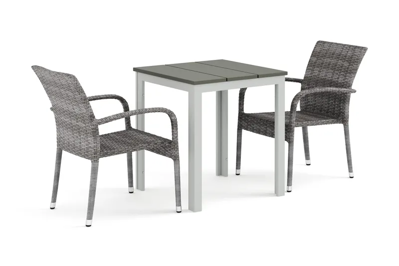 Tunis utomhus caféset 70x70 cm med 2 Thor Light utefåtöljer, Vit/Grå