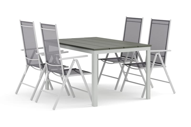 Tunis utomhus matgrupp 140x90 cm med 4 Maggie positionsstolar, Vit/Grå