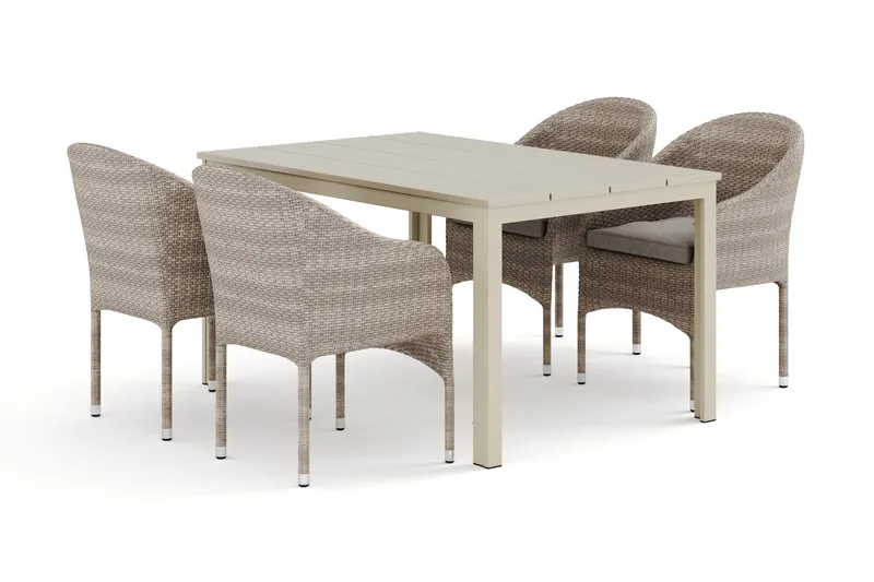 Tunis utomhus matgrupp 140x90 cm med 4 Thor fåtöljer, Beige/Beige