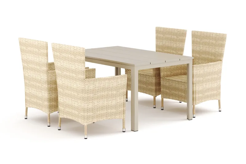 Tunis utomhus matgrupp 140x90 cm med 4 Thor utefåtöljer, Beige/Beige