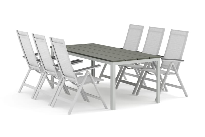 Tunis utomhus matgrupp 205x90 cm med 6 Monaco Light positionsstolar, Vit/Grå
