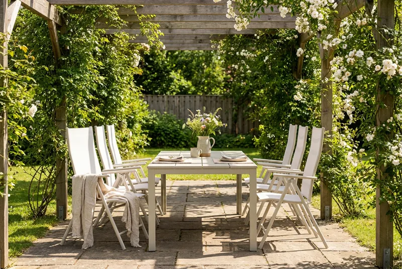 Tunis utomhus matgrupp 205x90 cm med 6 Sanna positionsstolar - Beige/Beige - Utemöbler & utemiljö - Utegrupp - Matgrupp utomhus