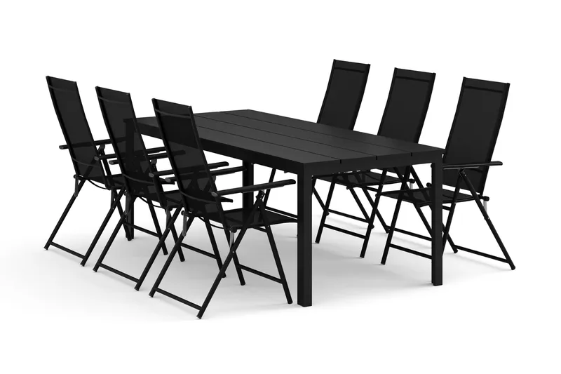 Tunis utomhus matgrupp 205x90 cm med 6 Sanna positionsstolar, Svart/Svart