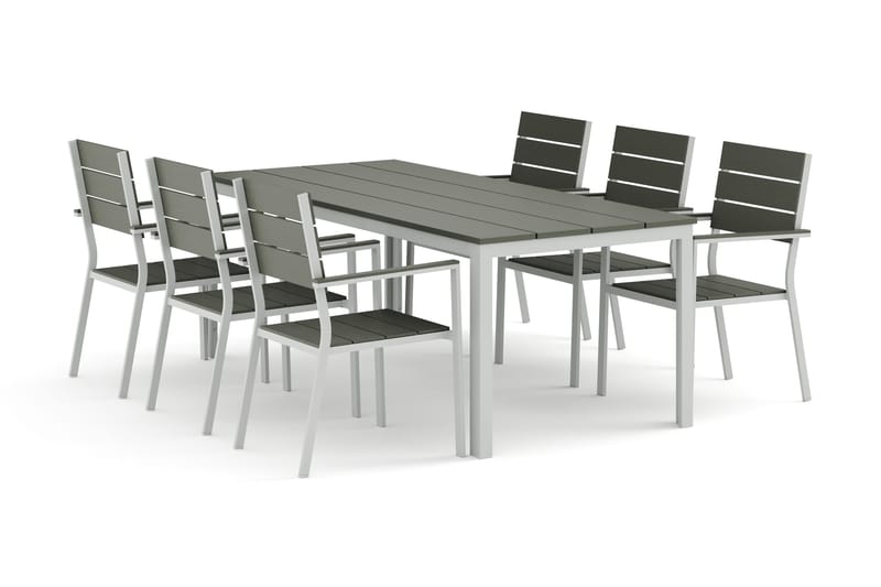 Tunis utomhus matgrupp 205x90 cm med 6 Tunis stapelstolar, Vit/Grå