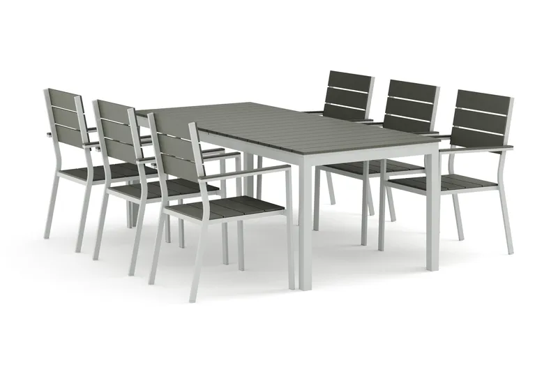 Tunis utomhus matgrupp förlängningsbart 205/305x90 cm med 6 Tunis stapelstolar, Vit/Grå