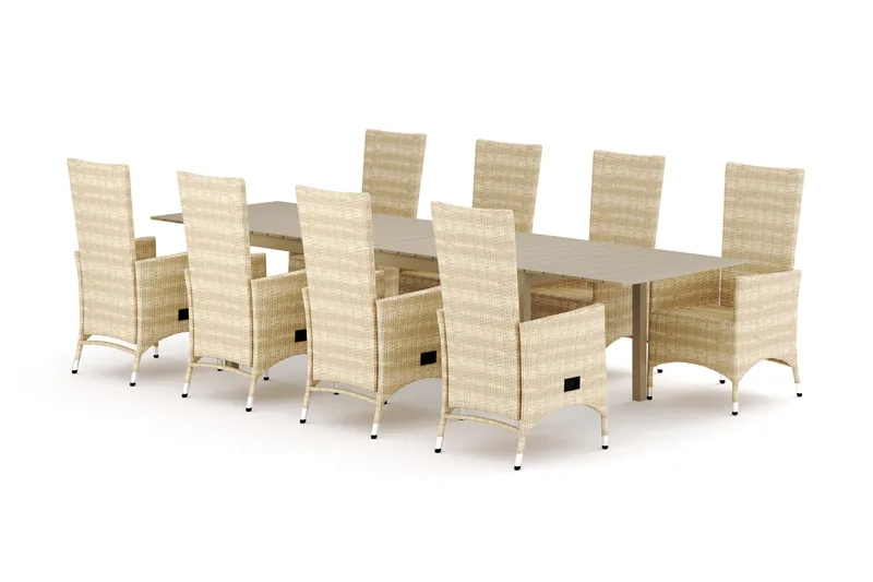 Tunis utomhus matgrupp förlängningsbart 205/305x90 cm med 8 Jenny matstolar, Beige/Beige