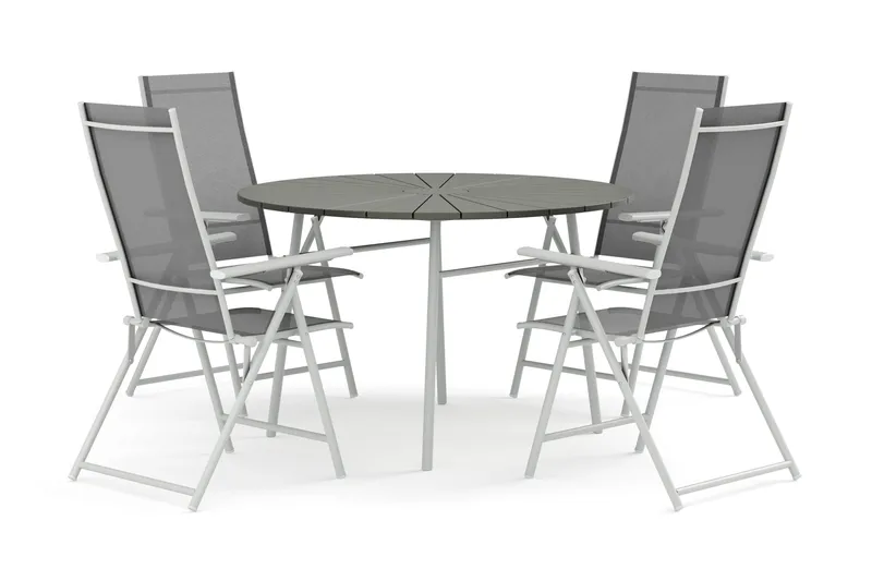 Tunis utomhus rund matgrupp 120 cm med 4 Sanna positionsstolar, Vit/Grå