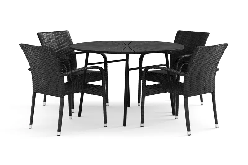 Tunis utomhus rund matgrupp 120 cm med 4 Thor Light utefåtöljer, Svart/Svart