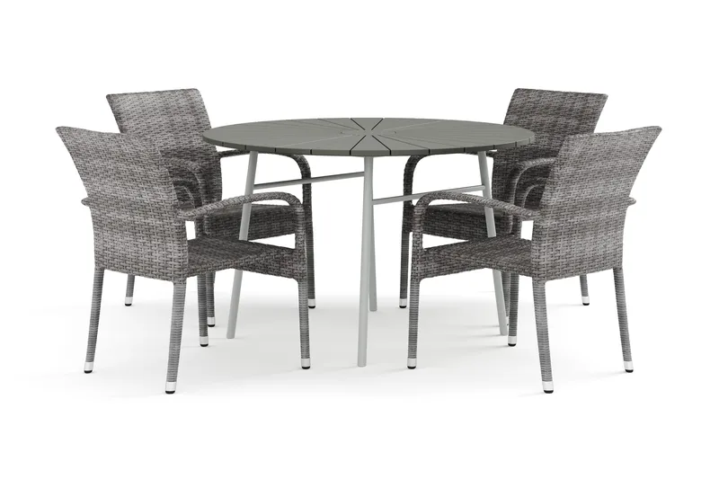 Tunis utomhus rund matgrupp 120 cm med 4 Thor Light utefåtöljer, Vit/Grå