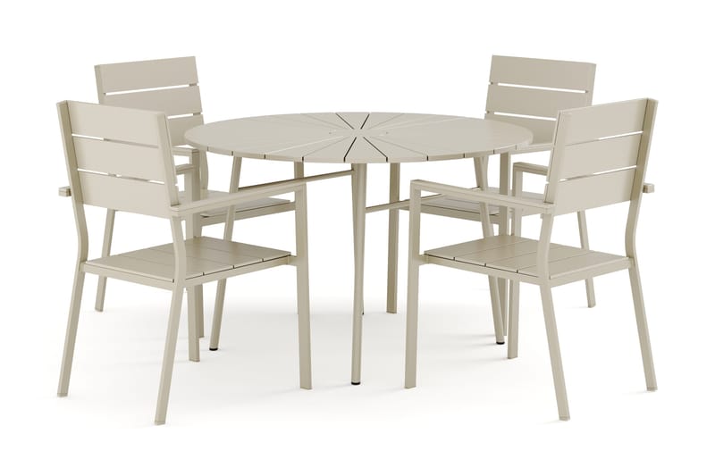 Tunis utomhus rund matgrupp 120 cm med 4 Tunis stapelstolar, Beige/Beige