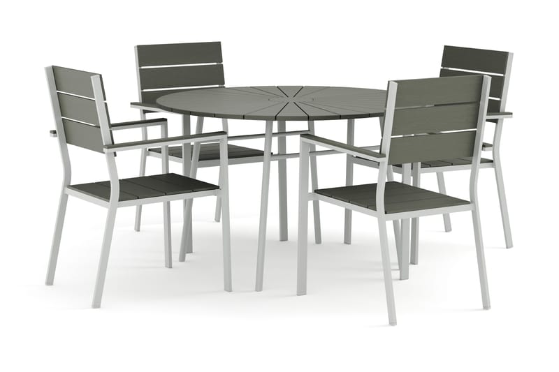 Tunis utomhus rund matgrupp 120 cm med 4 Tunis stapelstolar, Vit/Grå