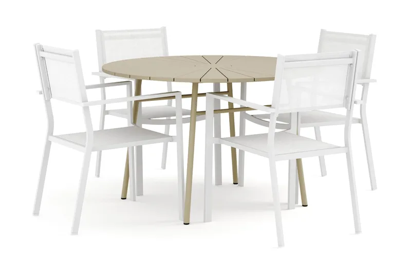 Tunis utomhus rund matgrupp 120 cm med 4 Tunis stapelstolar, Vit/Grå