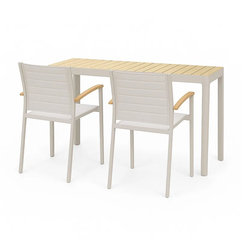 Utomhus balkongset Portals balkongbord + 2 carver carver-stolar, ljus ecru/korallsand