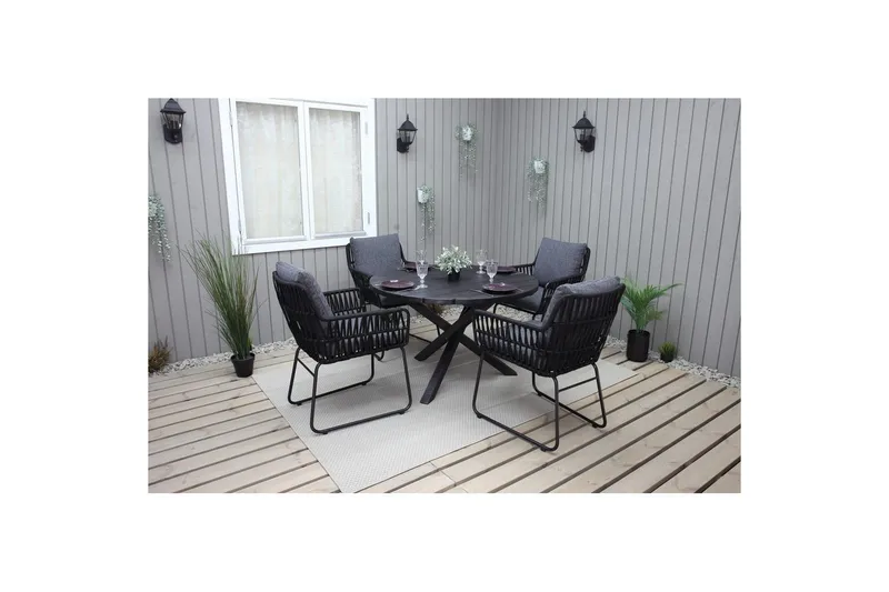 Utomhusmöbelgrupp Ø 112 cm bord & 4 Levanto grå stolar Svart - Svart - Utemöbler & utemiljö - Utegrupp - Cafegrupp & cafeset