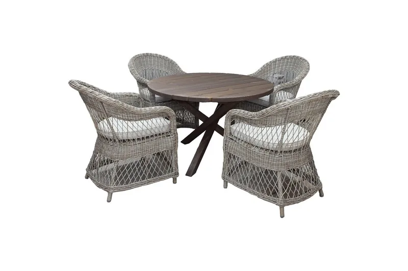 Utomhusmöbelgrupp Ø 112 cm bord & 4 Merida naturell stolar Brun, Brun