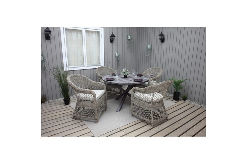 Utomhusmöbelgrupp Ø 112 cm bord & 4 Merida naturell stolar Grå - Grå - Utemöbler & utemiljö - Utegrupp - Cafegrupp & cafeset