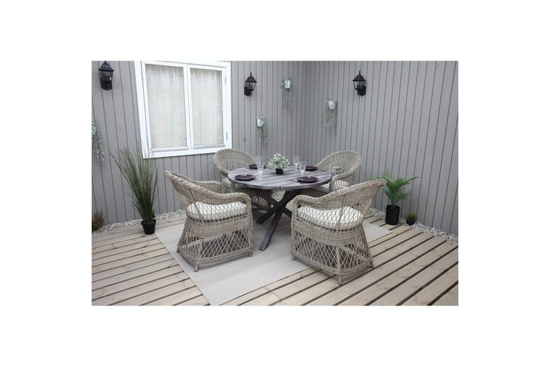 Utomhusmöbelgrupp Ø 112 cm bord & 4 Merida naturell stolar Grå - Grå - Utemöbler & utemiljö - Utegrupp - Cafegrupp & cafeset