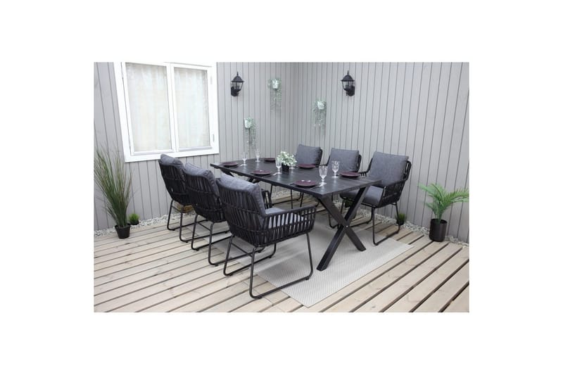 Utomhusmöbelgrupp 190 cm Bord & 6 Levanto grå stolar Svart - Svart - Utemöbler & utemiljö - Utegrupp - Matgrupp utomhus