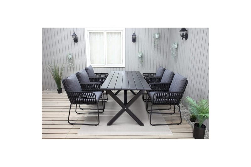 Utomhusmöbelgrupp 190 cm Bord & 6 Levanto grå stolar Svart - Svart - Utemöbler & utemiljö - Utegrupp - Matgrupp utomhus