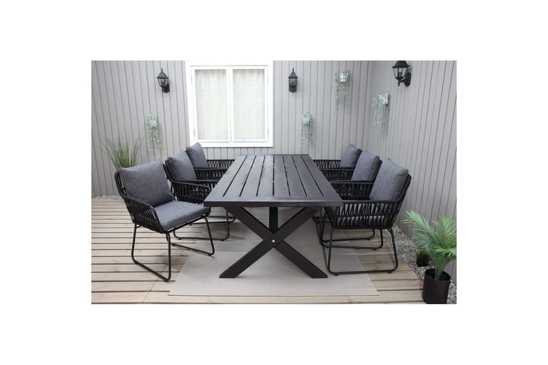 Utomhusmöbelgrupp 220 cm Bord & 6 Levanto grå stolar Svart - Svart - Utemöbler & utemiljö - Utegrupp - Matgrupp utomhus