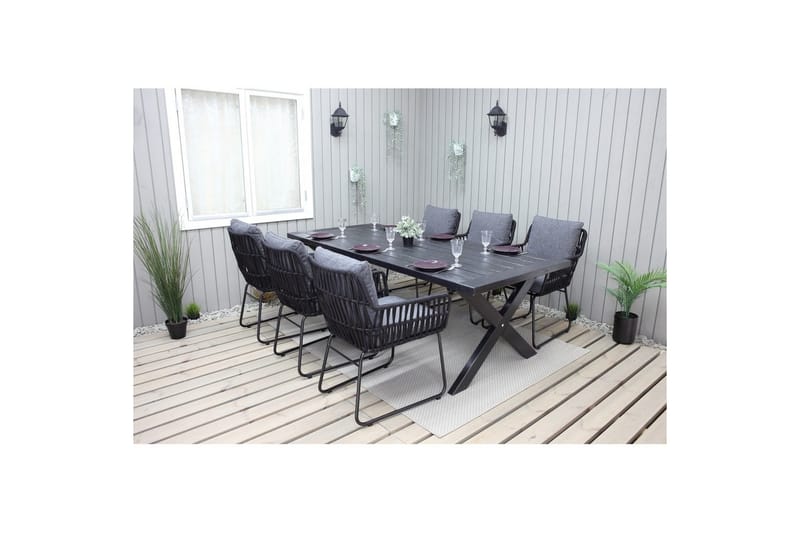 Utomhusmöbelgrupp 220 cm Bord & 6 Levanto grå stolar Svart - Svart - Utemöbler & utemiljö - Utegrupp - Matgrupp utomhus