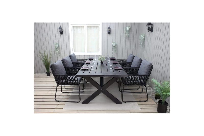 Utomhusmöbelgrupp 220 cm Bord & 6 Levanto grå stolar Svart - Svart - Utemöbler & utemiljö - Utegrupp - Matgrupp utomhus