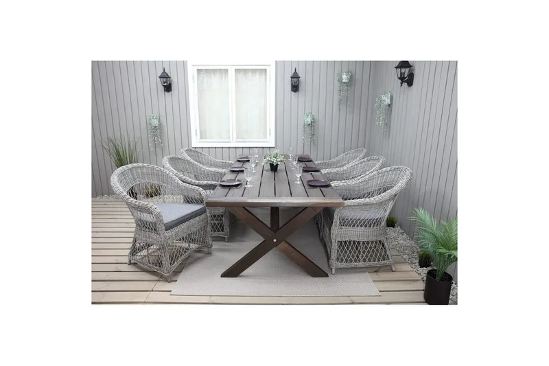 Utomhusmöbelgrupp 220 cm bord & 6 Merida grå stolar Brun - Brun - Utemöbler & utemiljö - Utegrupp - Matgrupp utomhus