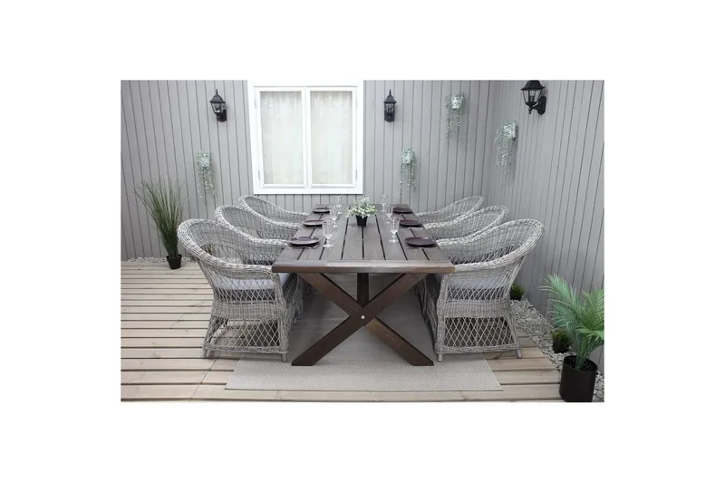 Utomhusmöbelgrupp 220 cm bord & 6 Merida grå stolar Brun - Brun - Utemöbler & utemiljö - Utegrupp - Matgrupp utomhus