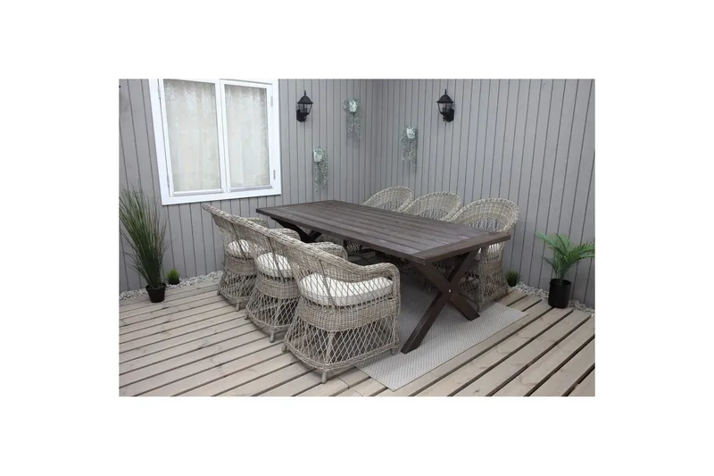 Utomhusmöbelgrupp 220 cm bord & 6 Merida naturell stolar Brun, Brun