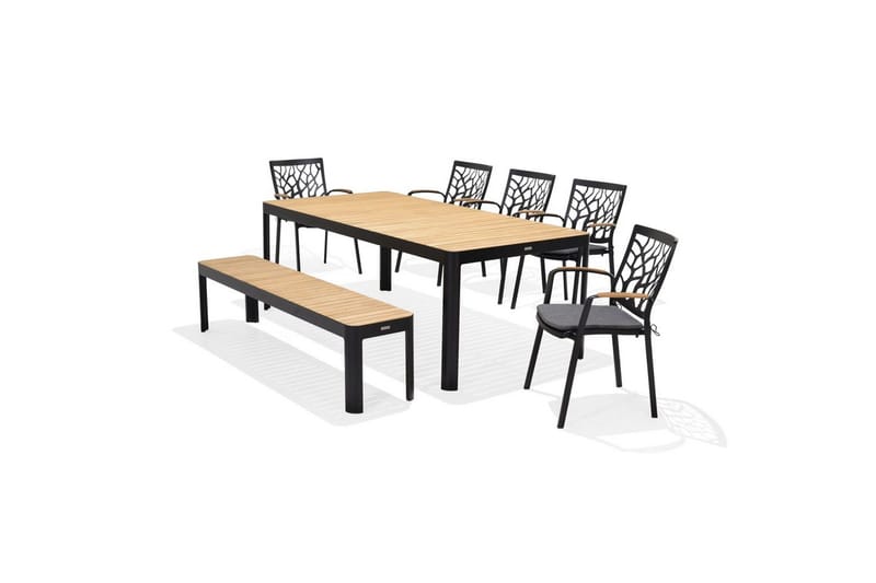 Utomhusmöbelgrupp Lifestyle Garden Portals 209 cm 5 trädskärarstolar + bänk, 5 trädskärarstolar + bänk