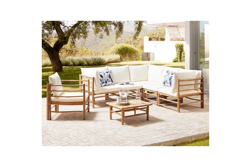 Hörnsoffa Cerreto Vit/ljust trä, 6-Sits - Vit/ljust trä, 6-Sits - Utemöbler & utemiljö - Loungemöbler - Loungeset & loungegrupp