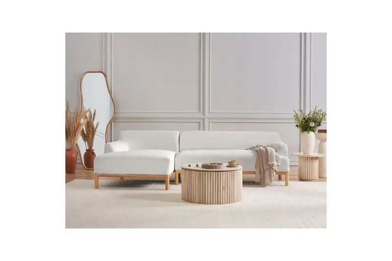 Hörnsoffa Sosjo Vit, ljust trä, Högervänd - Vit, ljust trä, Högervänd - Möbler - Soffa - Hörnsoffa - Hörnsoffa med divan